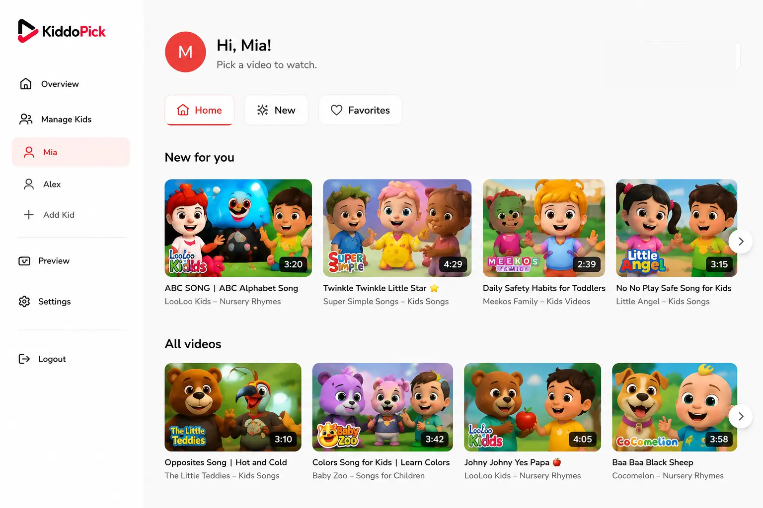 Kiddopick child video library preview
